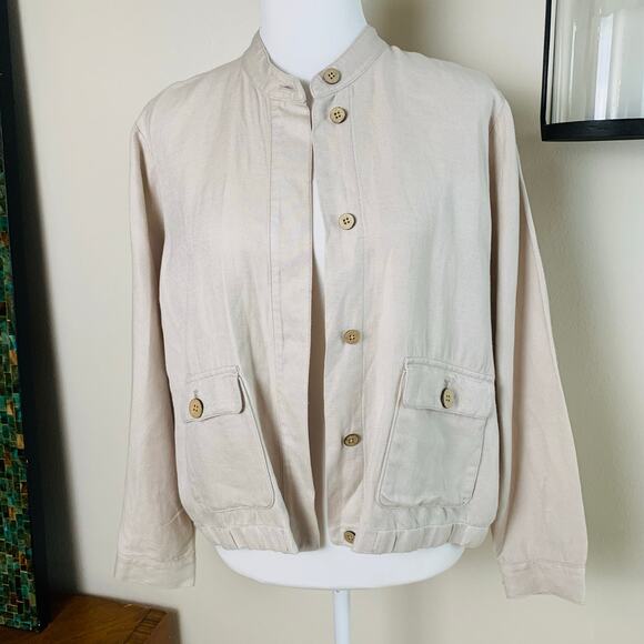 J. Jill Size M Petite Women's Linen Jacket Beige Button Front Lightweight - Picture 2 of 11